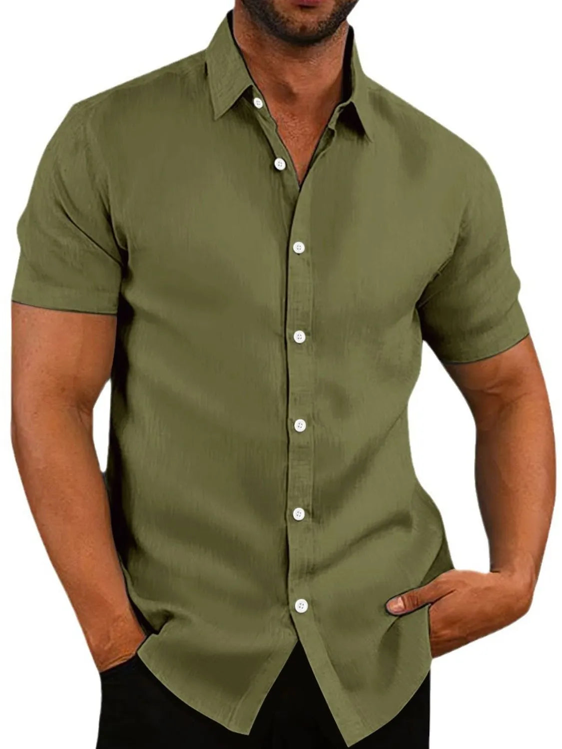 Men's Army Green Linen-Blend Short Sleeve Button-Down Shirt