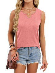 Pink sleeveless tank top with notched V-neck and heathered texture.