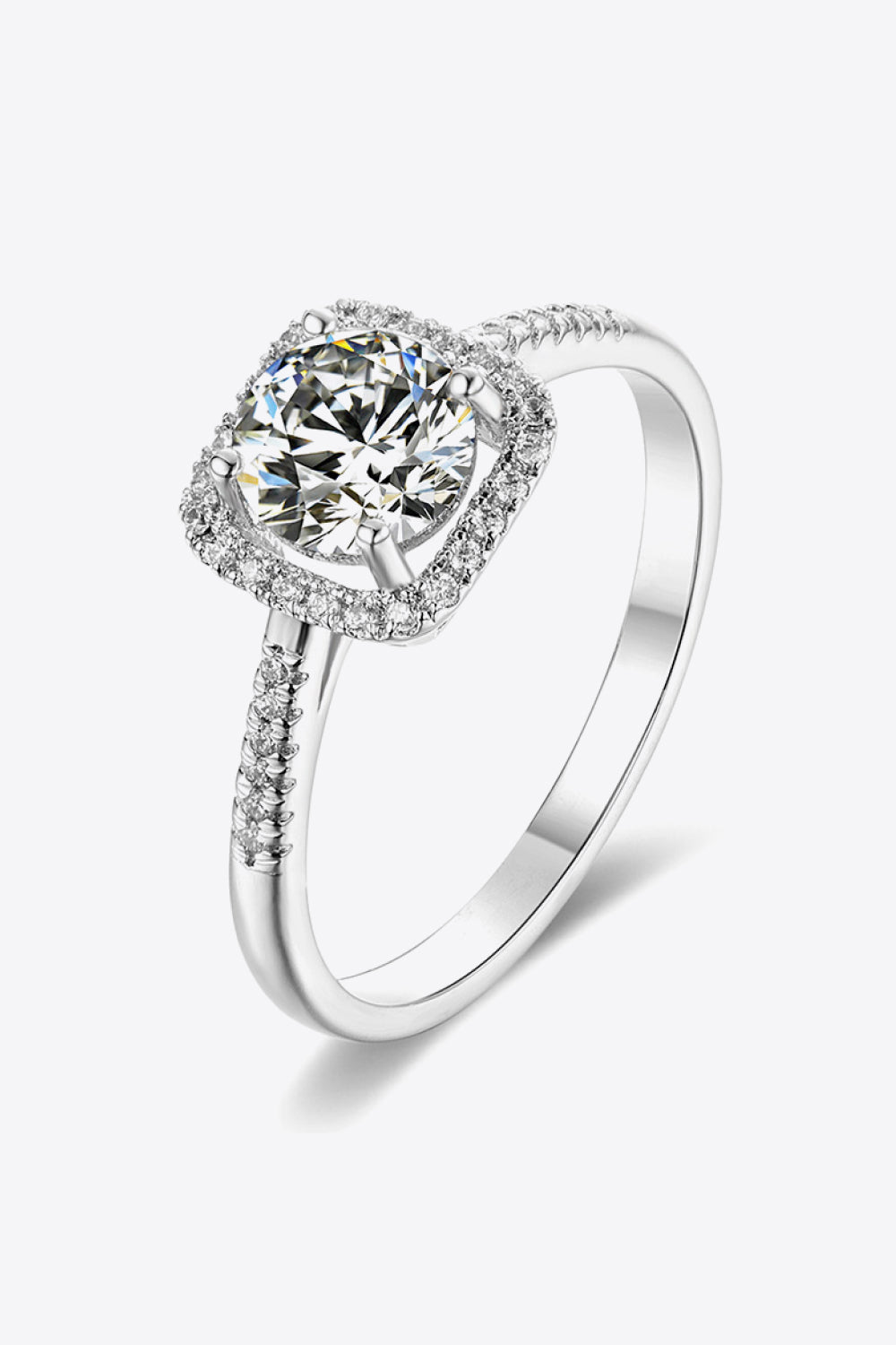 Silver moissanite ring with halo and pavé band in 925 sterling silver