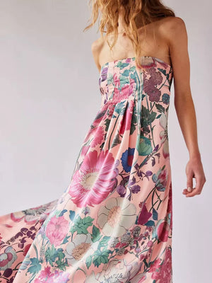Pink floral maxi dress with gathered bodice and strapless neckline