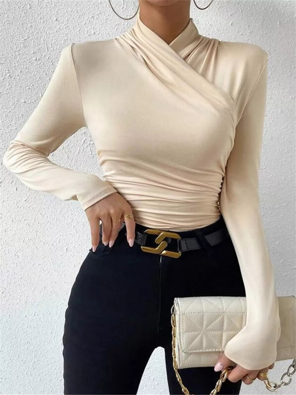 Ruched Long Sleeve Slim Fit Top in Black, side view