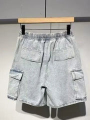Men's light blue denim cargo shorts with elastic waist and drawstring.