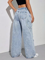 Heart Applique Wide-leg Jeans