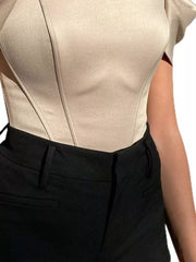 Apricot sweetheart neckline off-shoulder corset blouse with bow sleeves.