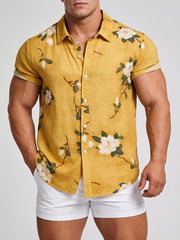 Men's Plus Size Floral Print Short Sleeve Shirt in Gold, front view