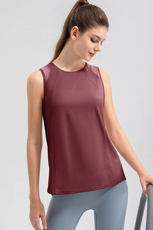 Burgundy mesh panel performance tank top with round neckline and sleeveless design.
