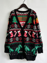 Black acrylic Fair Isle knit cardigan with Christmas trees, stockings, snowflakes, and holly.