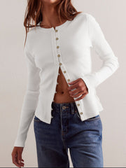 Ivory ribbed button-up second-skin top with a crew neck and long sleeves.