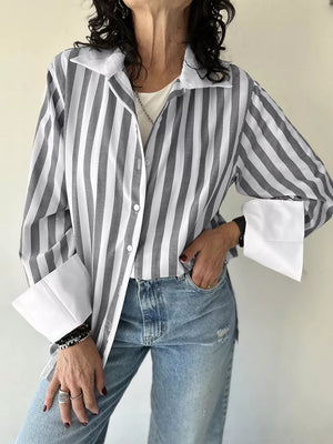 Striped Button-up Long Sleeve Shirt in Gray, front view