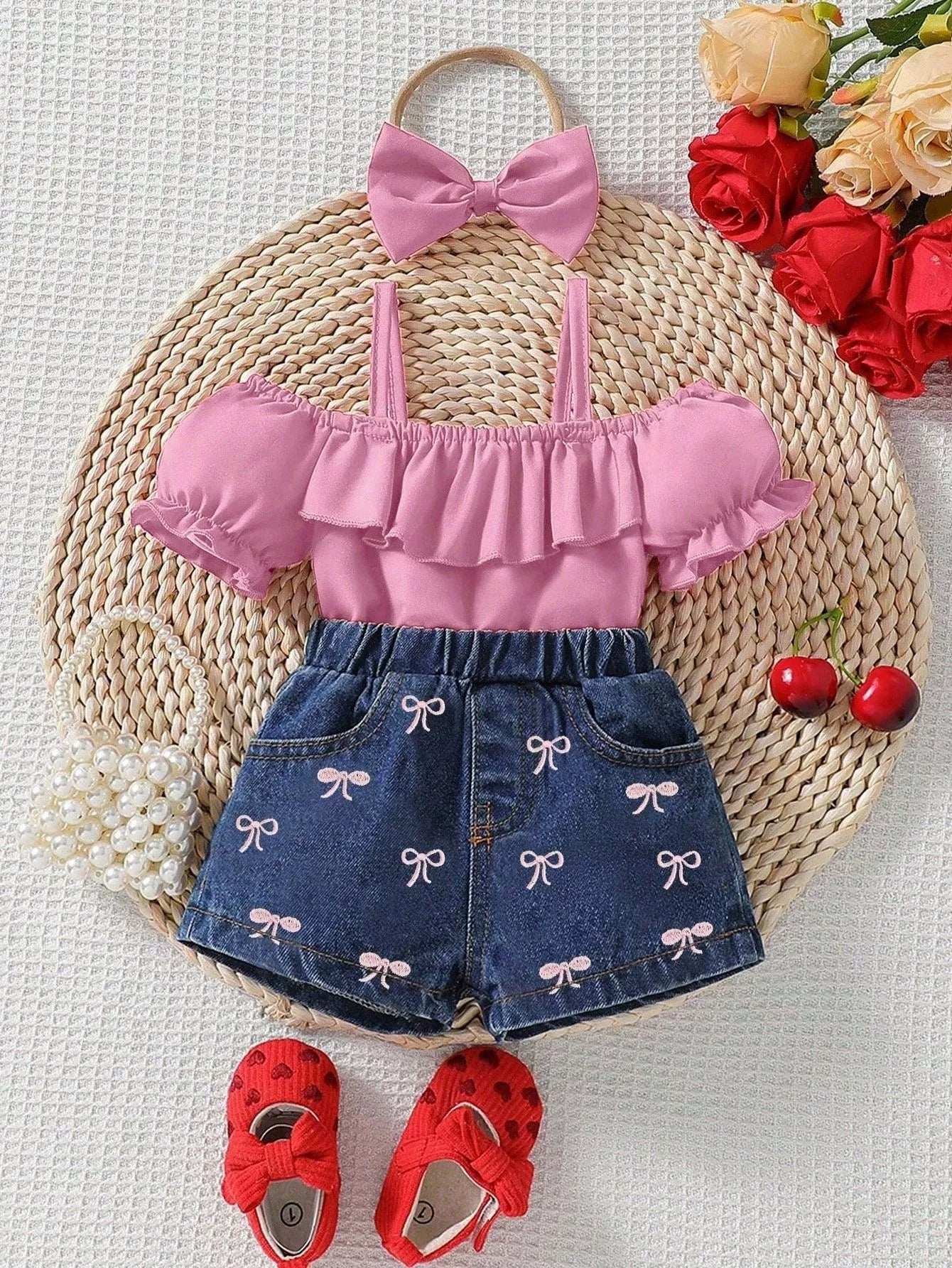 Pink ruffle top with puff sleeves and denim shorts with bow print, includes headband