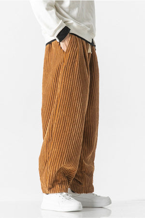 Brown corduroy wide-leg cargo pants with a relaxed fit.