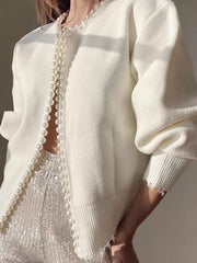 Pearl Trimmed Open Front Cardigan in White, fabric detail