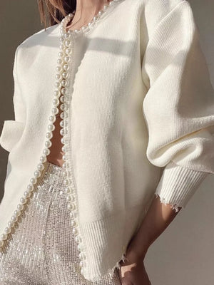 Pearl Trimmed Open Front Cardigan in White, fabric detail