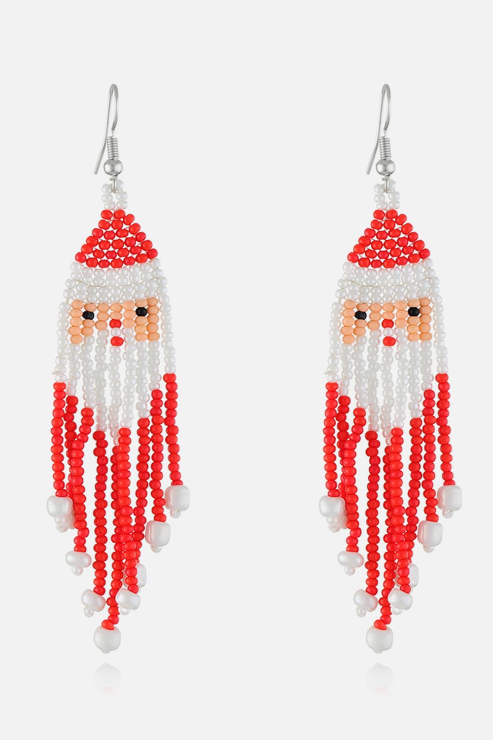 Beaded Santa Claus drop earrings with red and white beads.