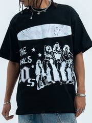Black cotton graphic t-shirt with crew neck and oversized fit, featuring a white graphic print of women and text.