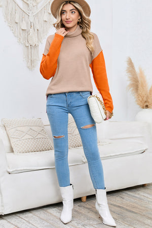 Colorblock knit turtleneck sweater in tan with orange sleeves, acrylic, casual style