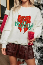 White crew neck sweatshirt with red bow and "Merry" graphic, cozy cotton blend