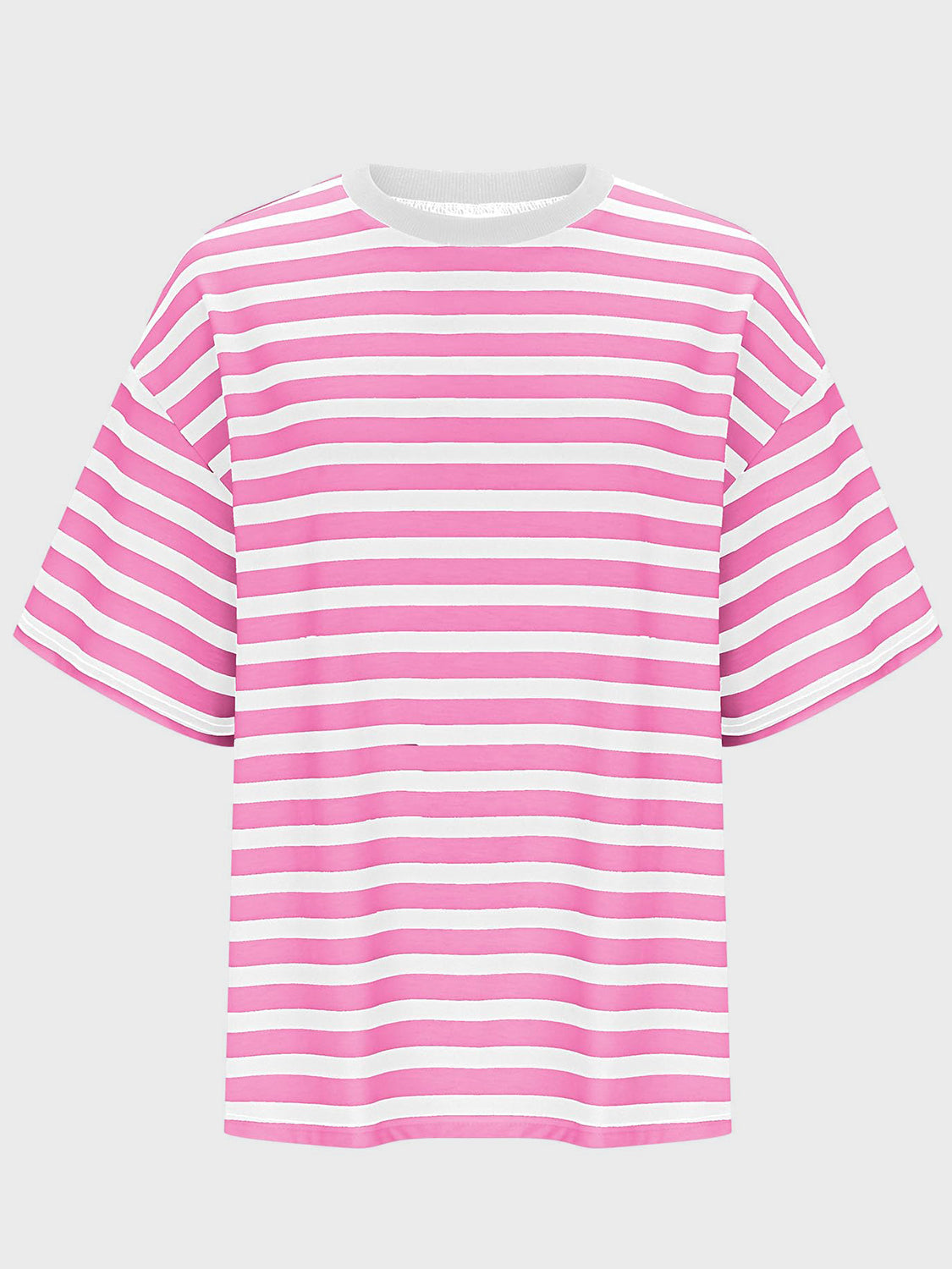 Oversized pink and white striped tee with dropped sleeves and crew neck.