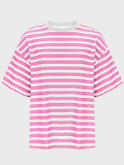 Oversized pink and white striped tee with dropped sleeves and crew neck.
