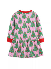 Pink Christmas tree print long-sleeve baby dress with red trim