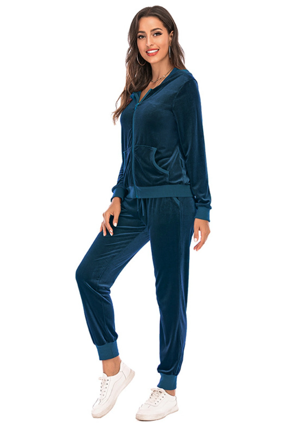 Peacock Blue velvet loungewear set with zip-up hoodie and joggers.