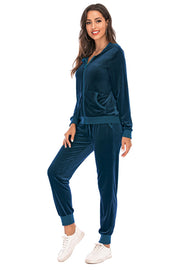 Peacock Blue velvet loungewear set with zip-up hoodie and joggers.