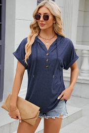 Navy blue Henley hooded tee with rolled short sleeves and a buttoned placket.