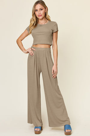 Mocha cropped tee and wide-leg palazzo pants set with pleats.