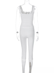 White ribbed lace-up tank top and capri pants set with zipper detail