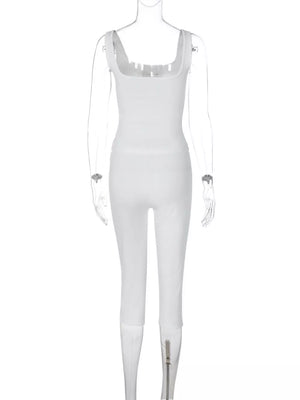 White ribbed lace-up tank top and capri pants set with zipper detail