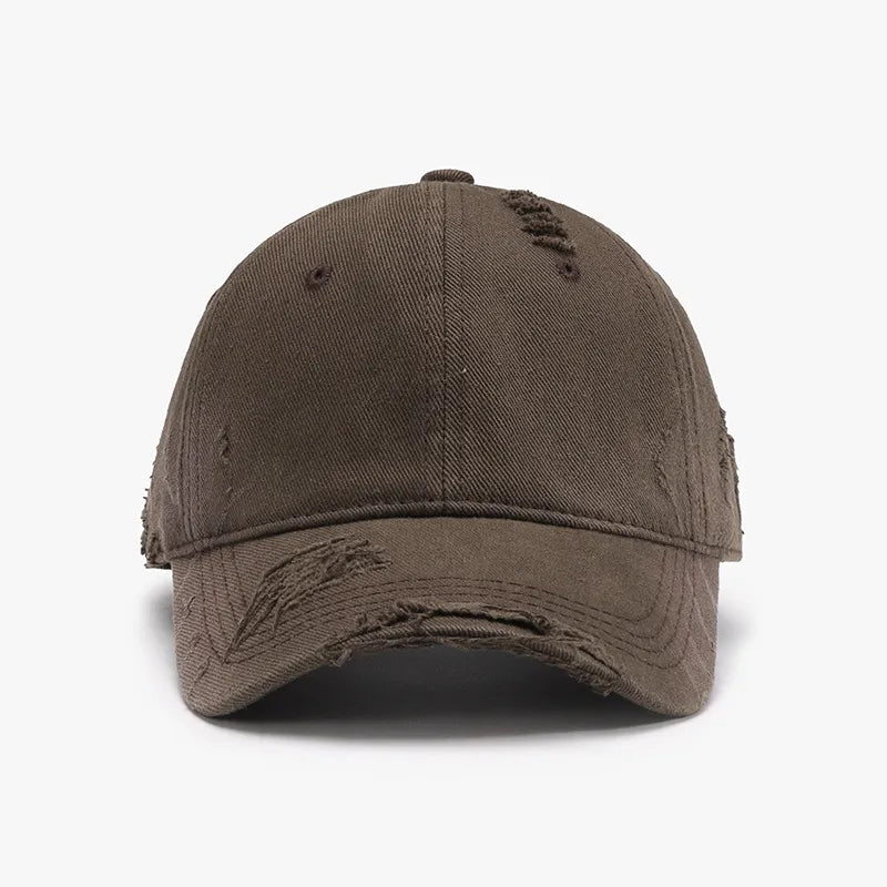 Distressed mocha baseball cap with frayed details