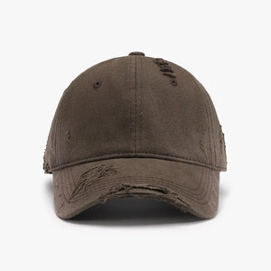 Distressed mocha baseball cap with frayed details