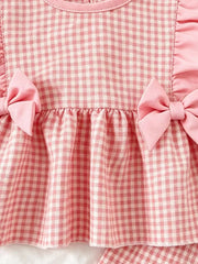 Children's Ruffled Plaid Top And Pants Set in Light Yellow, close-up detail