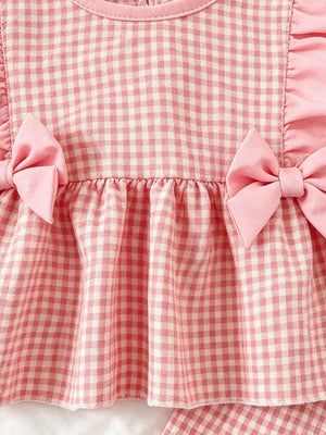 Children's Ruffled Plaid Top And Pants Set in Light Yellow, close-up detail
