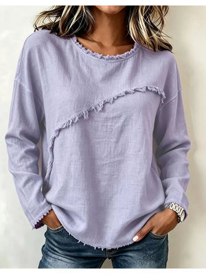 Frayed Hem Dropped Shoulder Blouse in Blush Pink, model styling view