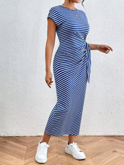 Blue and white striped midi dress with tie-side detail and short sleeves.