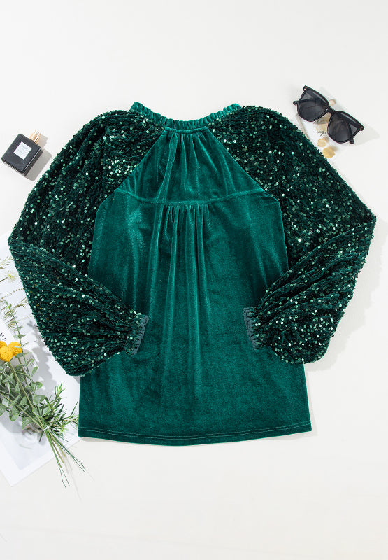Dark green velvet blouse with sequin sleeves and gathered neckline