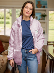 Pink textured sherpa zip-up jacket with stand collar and side pockets