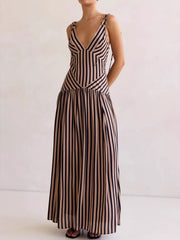 Tie-shoulder maxi dress with V-neck in brown and black vertical stripes.