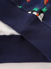 Children's dark navy cotton crew neck sweatshirt with Christmas penguin print and ribbed cuffs.