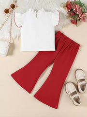 Baby ruffle-trimmed white top with red trim and red flare pants set.