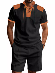 Black casual two-piece set with lace-up detail and contrasting tan accents.
