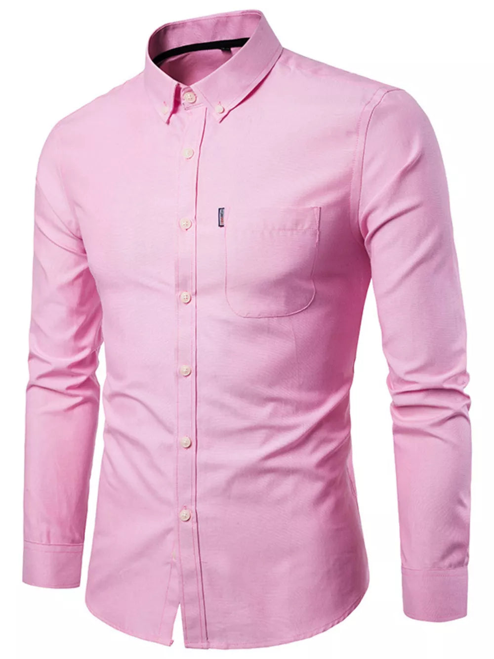 Men's pink cotton button-down shirt with pocket and buttoned collar.