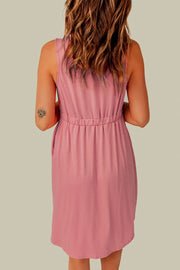 Pink gathered waistline button-down mini dress with pockets
