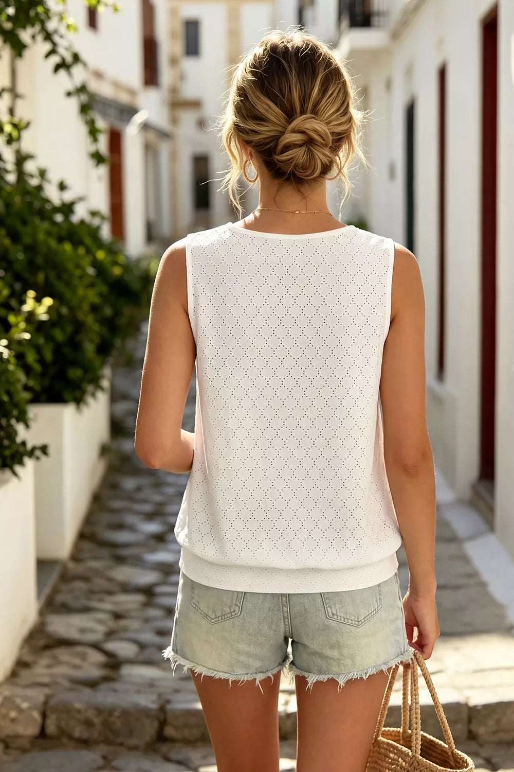 Eyelet Keyhole Neck Sleeveless Top in White, close-up detail