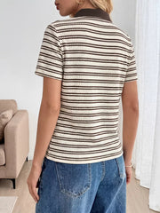 Waffle-knit striped polo t-shirt with brown collar and short sleeves.