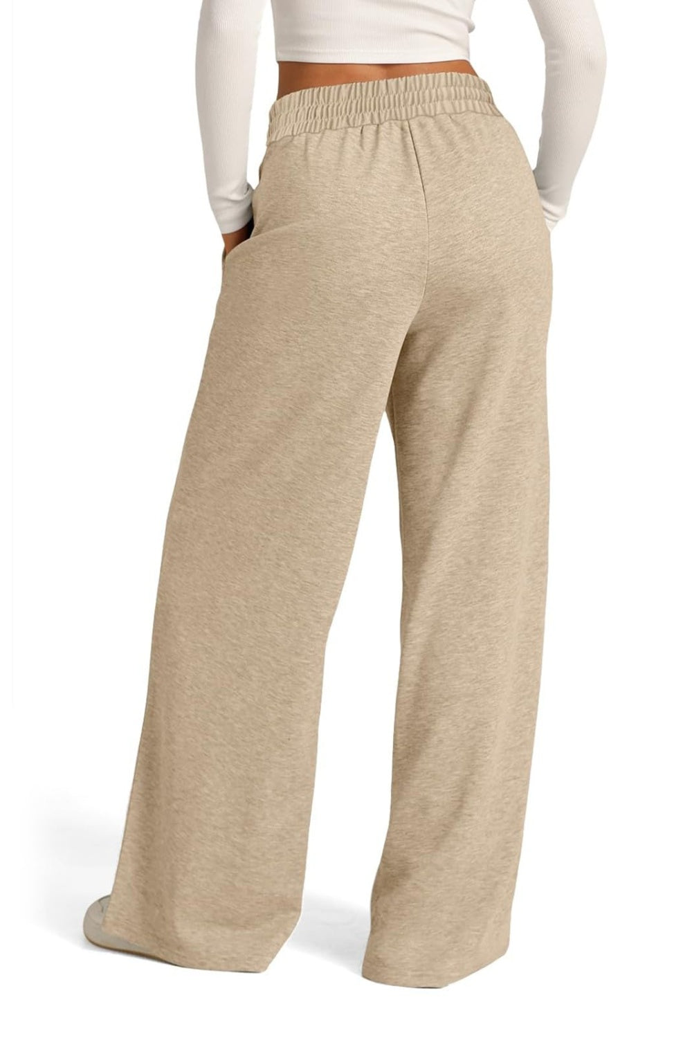 Seamed palazzo lounge trousers in tan with elastic waist and wide leg.