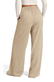 Seamed palazzo lounge trousers in tan with elastic waist and wide leg.