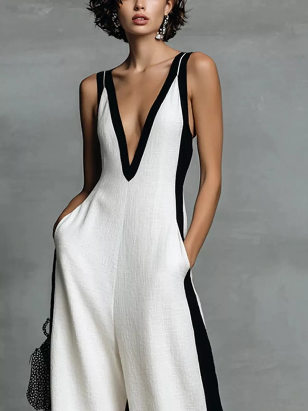 Deep V-neck Wide-leg Jumpsuit, side view