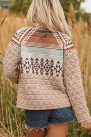 Aztec Quilted Patchwork Western Jacket in Camel, model styling view